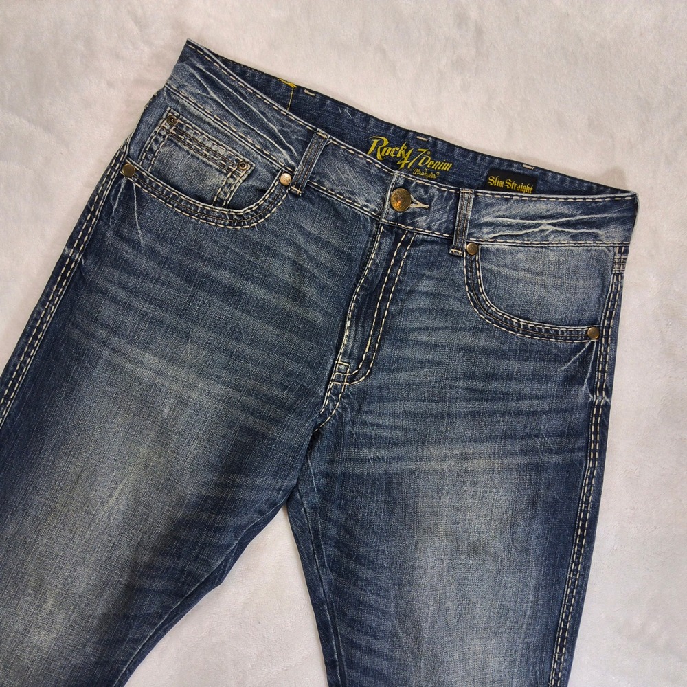 Wrangler Rock 47 Jeans Men 36x32 Blue Slim Straight Contrast Stitch Western Fade